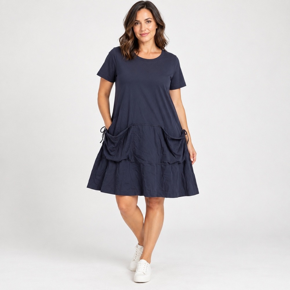COS T-Shirt Dress Womens Small Navy Blue Tiered Pocket Side Tie A-Line